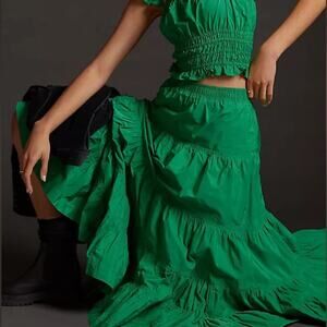 Anthropologie Maeve NWOT Christmas Green lined Tiered Taffeta Midi Skirt Size 6